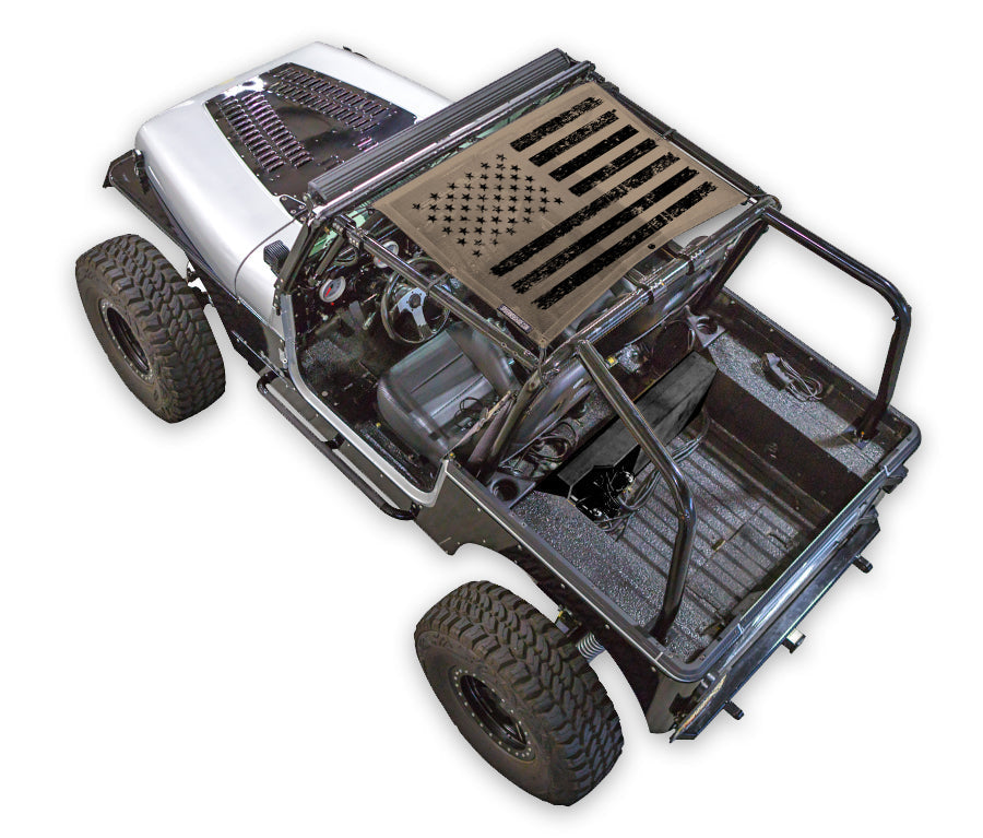 Sun Shade for Jeep Wrangler YJ by SPIDERWEBSHADE, stock printed shade top with American flag design (1987–1996).