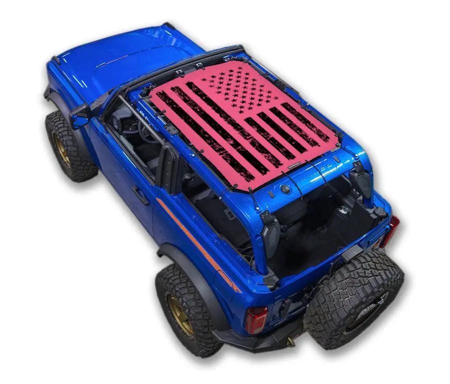 Ford Bronco sun shade by SPIDERWEBSHADE with pink American flag print top.