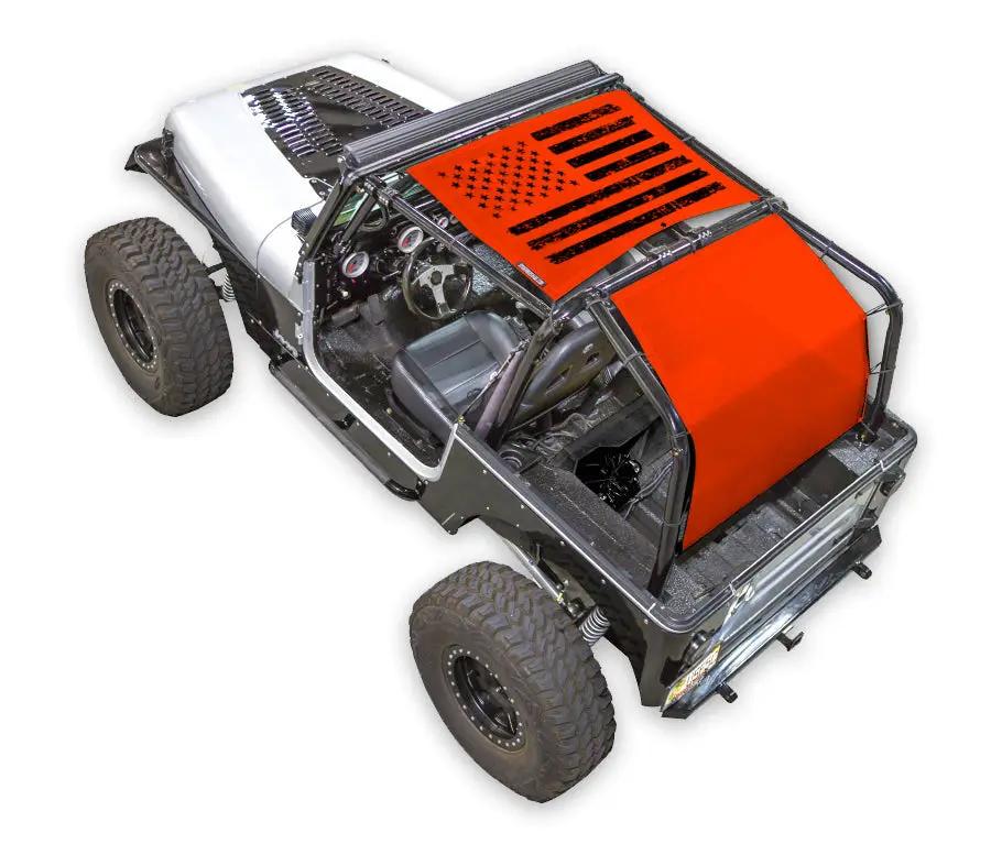 Sun Shade Stock Printed Top for Jeep Wrangler YJ (1987–1996) by SPIDERWEBSHADE; orange roof with flag print