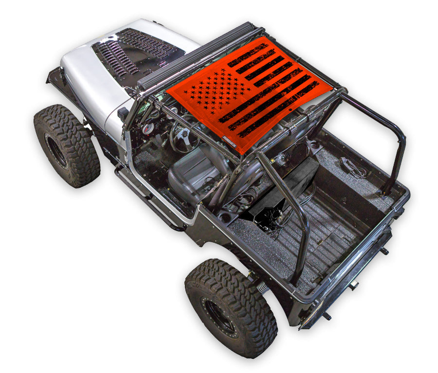 Sun shade top for Jeep Wrangler YJ (1987–1996); SPIDERWEBSHADE orange US flag graphic