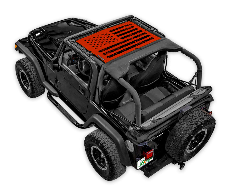 Sun shade for Jeep Wrangler TJ (1997–2006) by SPIDERWEBSHADE with orange flag print