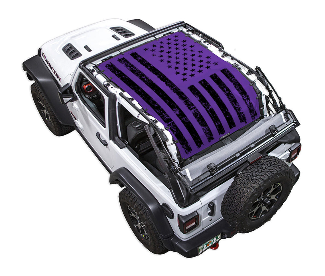 Sun shade SpiderWebShade for Jeep Wrangler JL 2-Door; purple star-spangled print.