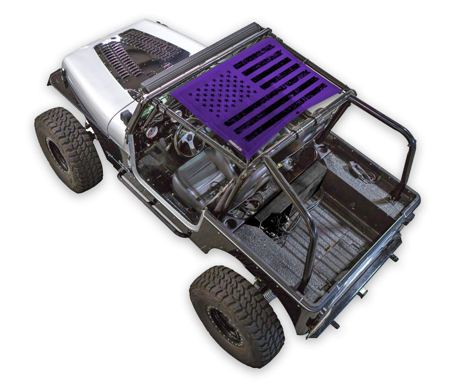 Sun shade for Jeep Wrangler YJ by SpiderWebShade, purple printed top with American flag motif, fits 1987–1996.