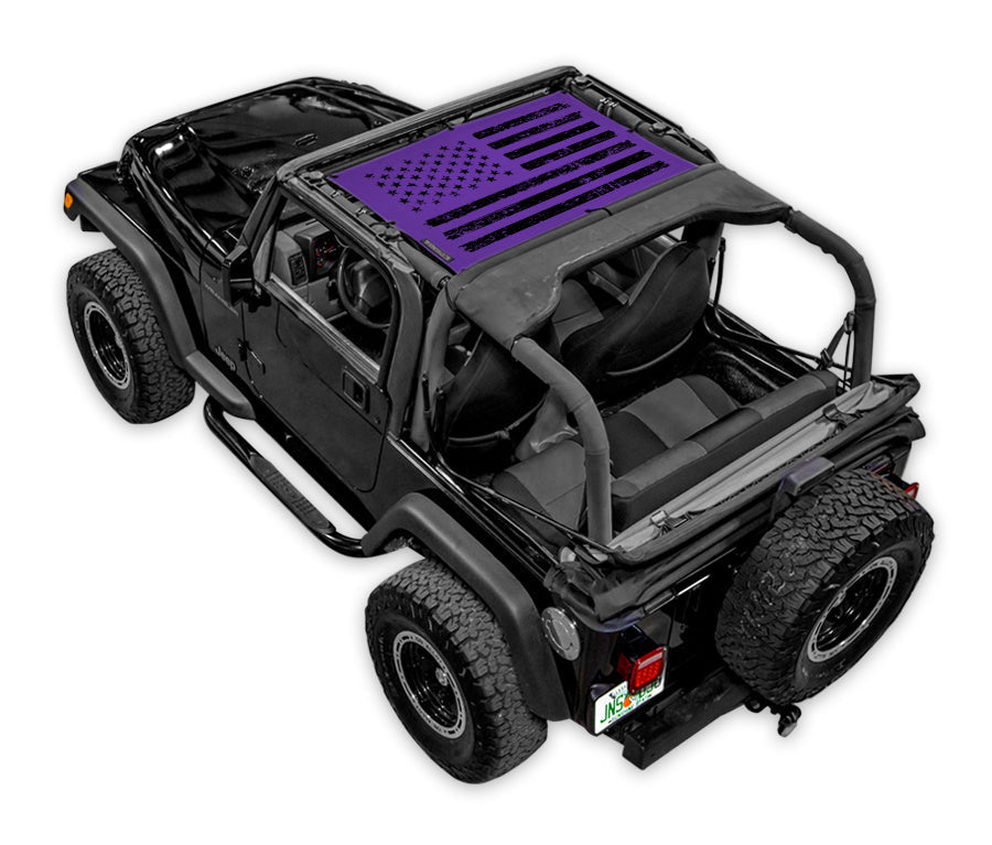 SpiderWebShade sun shade for Jeep Wrangler TJ (1997–2006); purple printed top.