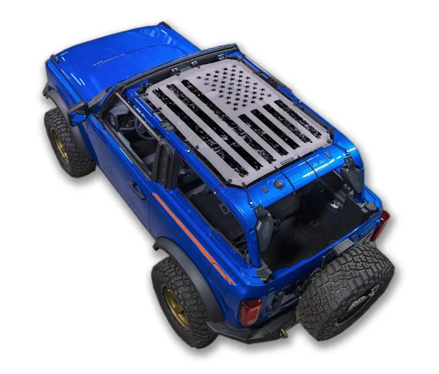 Ford Bronco sun shade, SPIDERWEBSHADE stock printed gray top with black US flag design