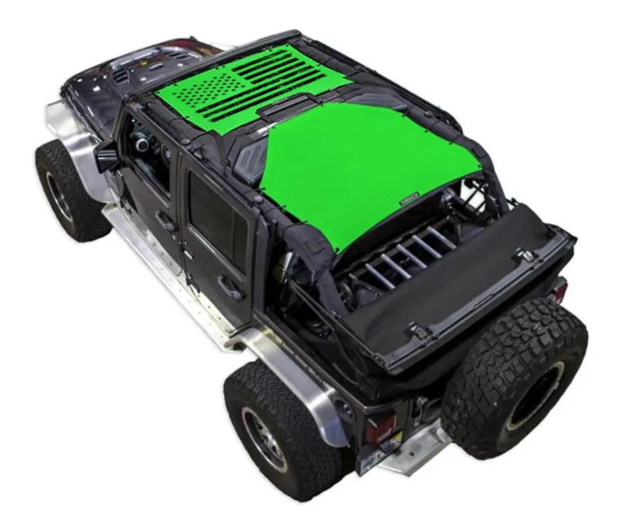 SpiderWebShade sun shade for Jeep Wrangler JKU 4-Door, lime green shade top on black Jeep