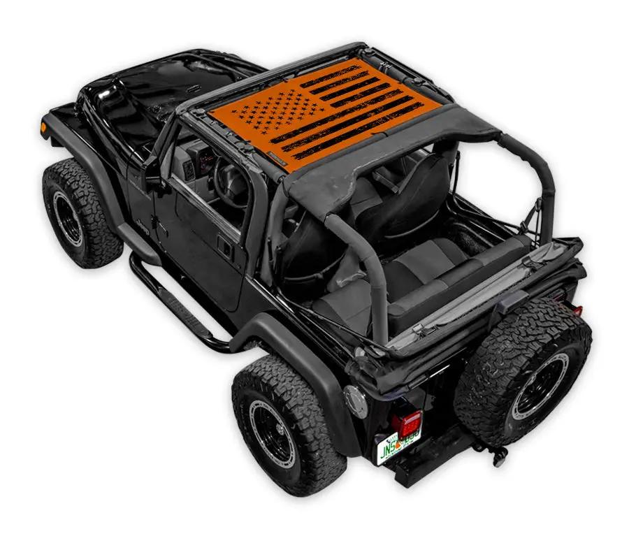 Sun shade top by SPIDERWEBSHADE for Jeep Wrangler TJ (1997–2006); orange printed flag design