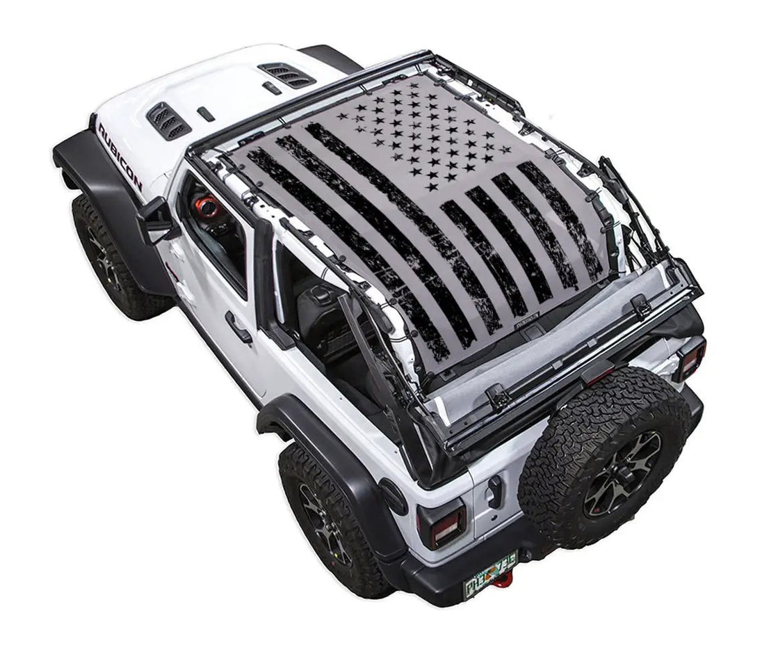 SpiderWebShade sun shade top for Jeep Wrangler JL 2-Door (2018–2026); grayscale American flag print.