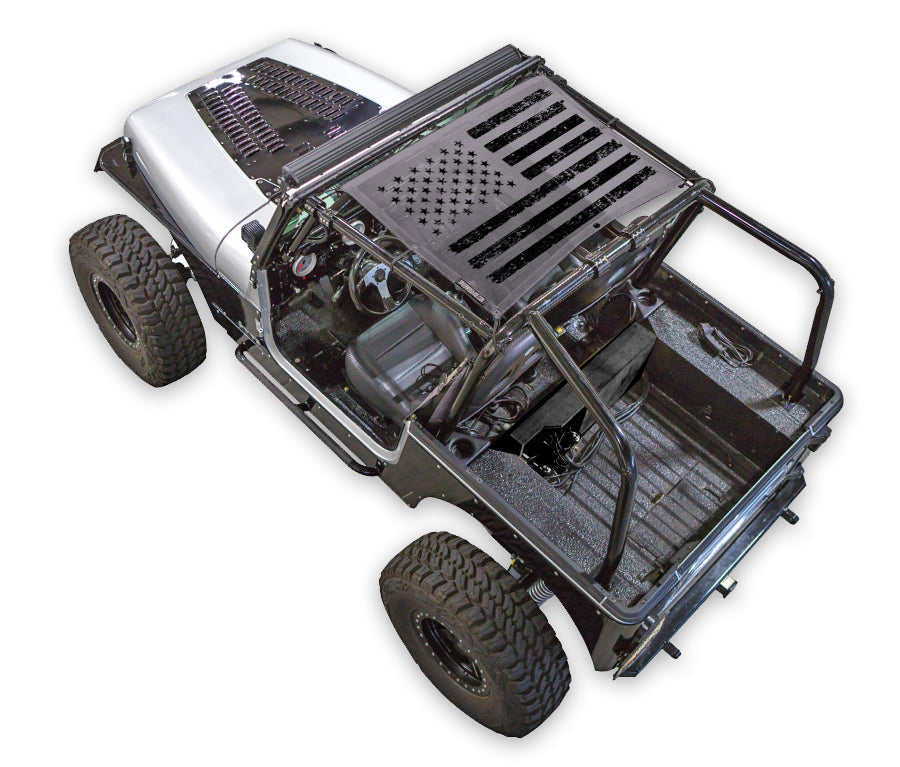 Sun shade SpiderWebShade for Jeep Wrangler YJ (1987–1996) with American flag print.