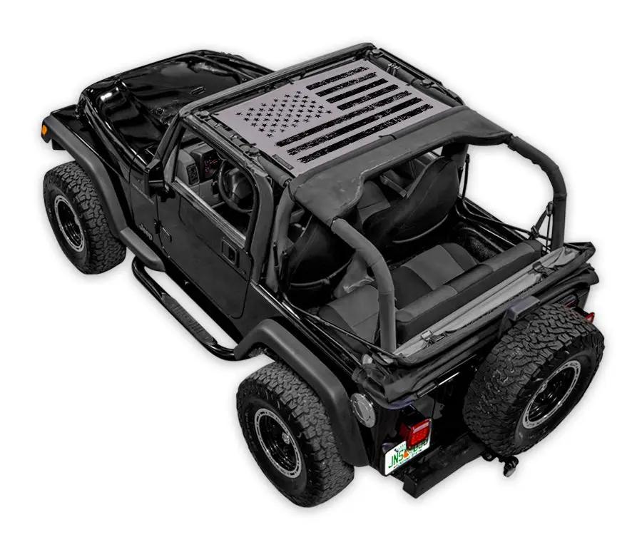 Sun shade for Jeep Wrangler TJ by SpiderWebShade, stock printed top with flag design.