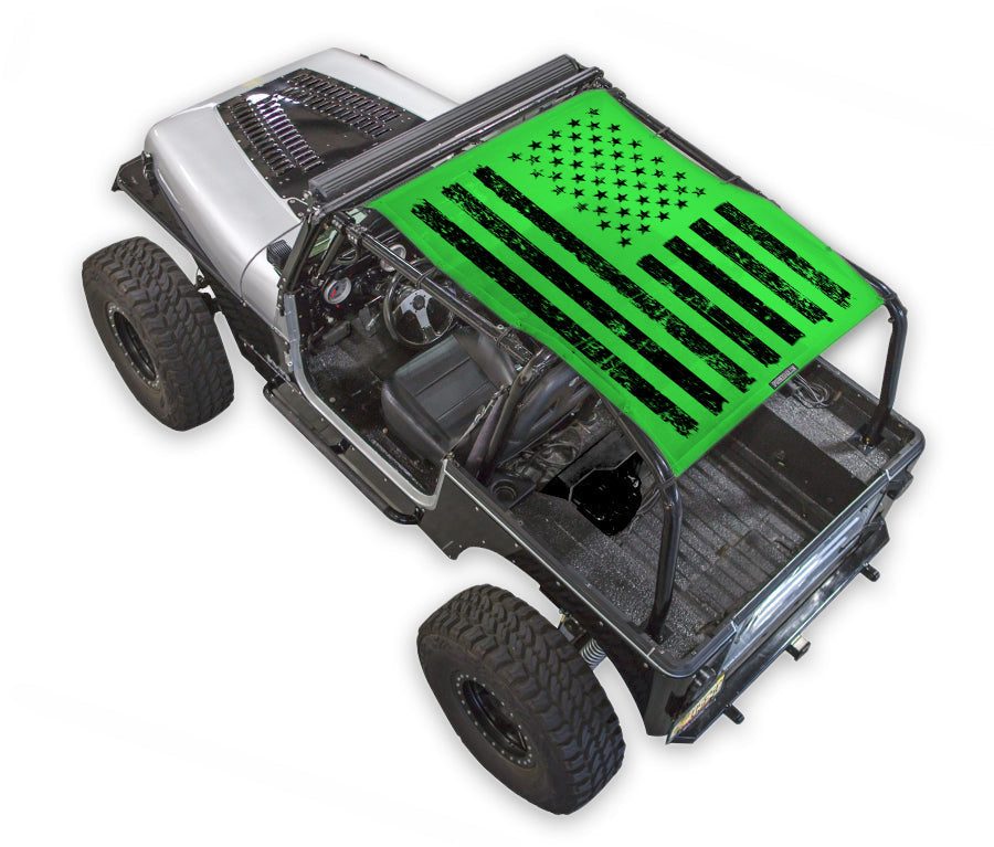 Sun shade top for Jeep Wrangler YJ by SPIDERWEBSHADE, bright green American flag print mounted over the roll cage.