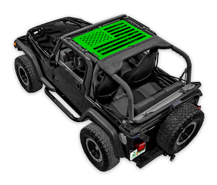 SpiderWebShade sun shade for Jeep Wrangler TJ (1997–2006) stock printed shade top featuring a green flag design