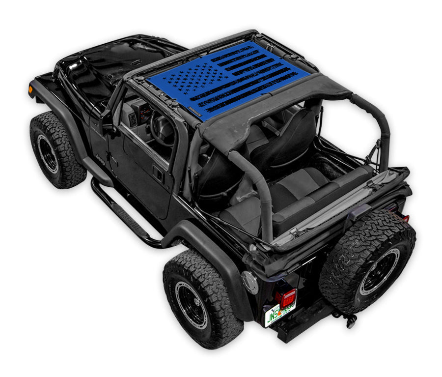 Sun Shade SPIDERWEBSHADE for Jeep Wrangler TJ (1997–2006), stock-printed blue shade top