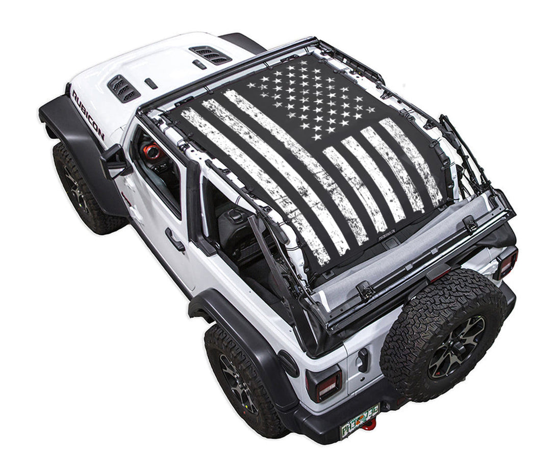 SPIDERWEBSHADE Sun Shade for Jeep Wrangler JL 2-Door with distressed American flag print