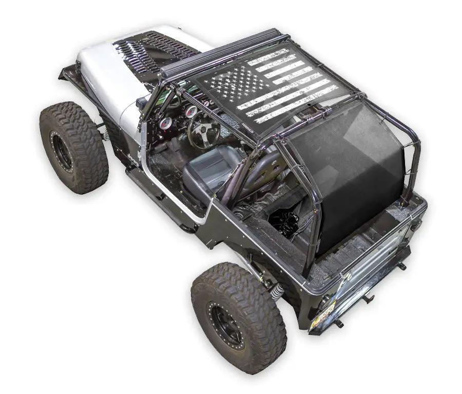 Sun shade for Jeep Wrangler YJ by SPIDERWEBSHADE; stock printed shade top with US flag design.
