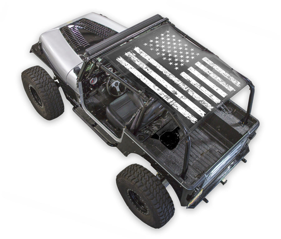 Sun shade SpiderWebShade for Jeep Wrangler YJ (1987–1996) with black fabric and distressed white US flag print