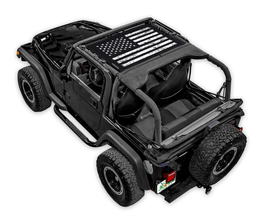 SpiderWebShade Sun Shade for Jeep Wrangler TJ (1997–2006); black fabric with American flag print