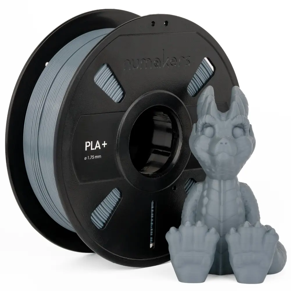 PLA+ filament spool by Numakers, 1.75 mm light gray filament; includes dragon figurine (2 items)