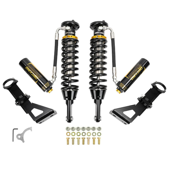 Dirt King 2.5 Coilovers DCA Remote Reservoir Toyota - black coilovers with gold collar, remote lines, includes hardware