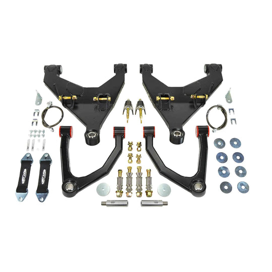 Dirt King Long Travel Kit for Toyota - black steel control arms with gold pivot pins and mounting hardware