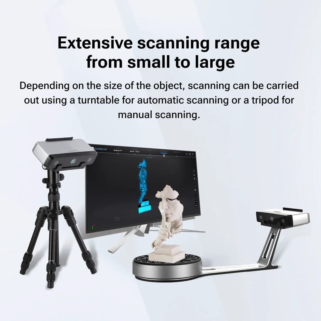 EinScan-SP V2 Desktop 3D Scanner Einstar-US on tripod with turntable and monitor