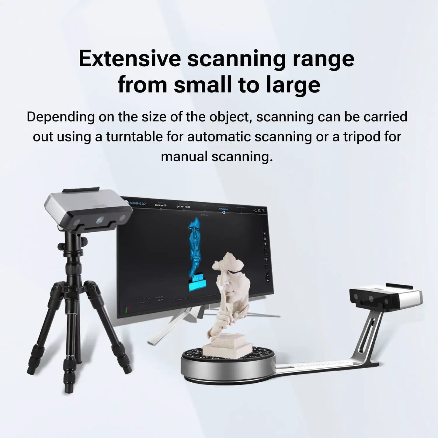 EinScan-SP V2 Desktop 3D Scanner Einstar-US on tripod with turntable and monitor