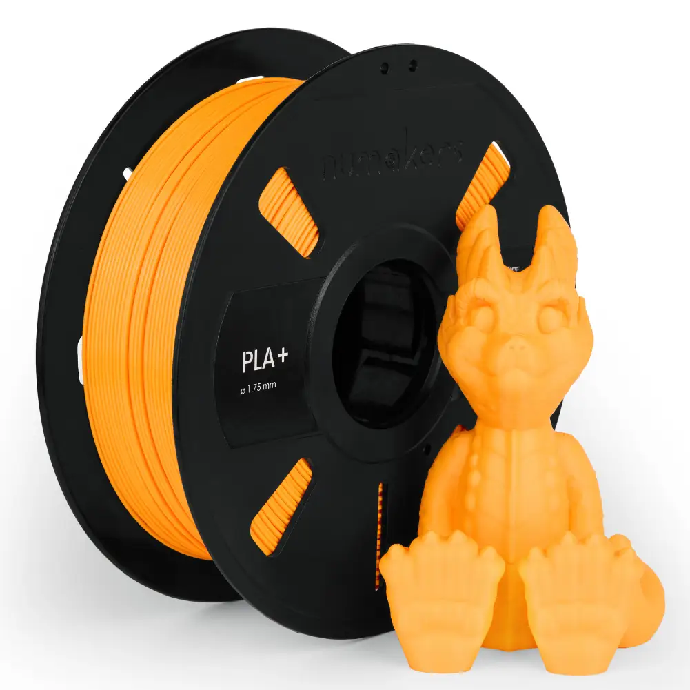 PLA+ filament spool by Numakers in orange with a 3D-printed dragon figurine