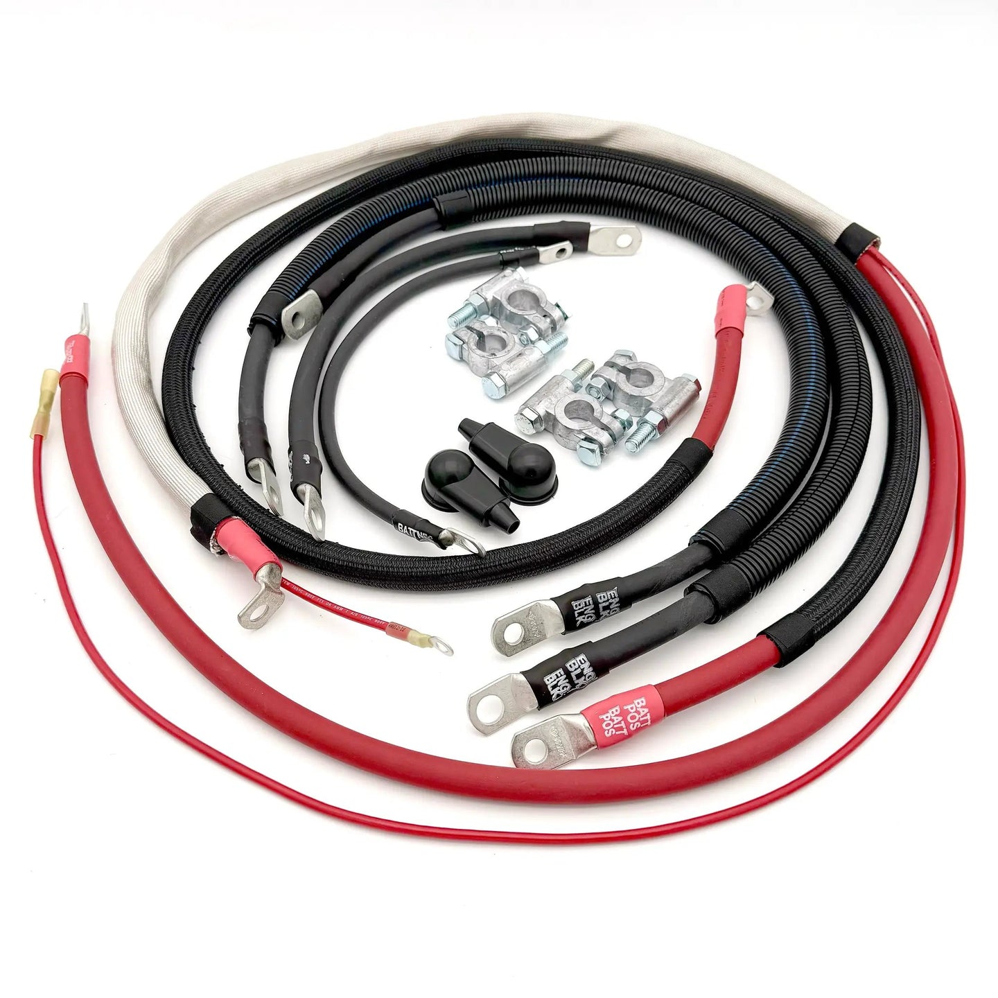 Ford Powerstroke 6.4 Diesel battery cable kit for F250/F350 (2008-2010) with red and black cables, clamps and connectors.