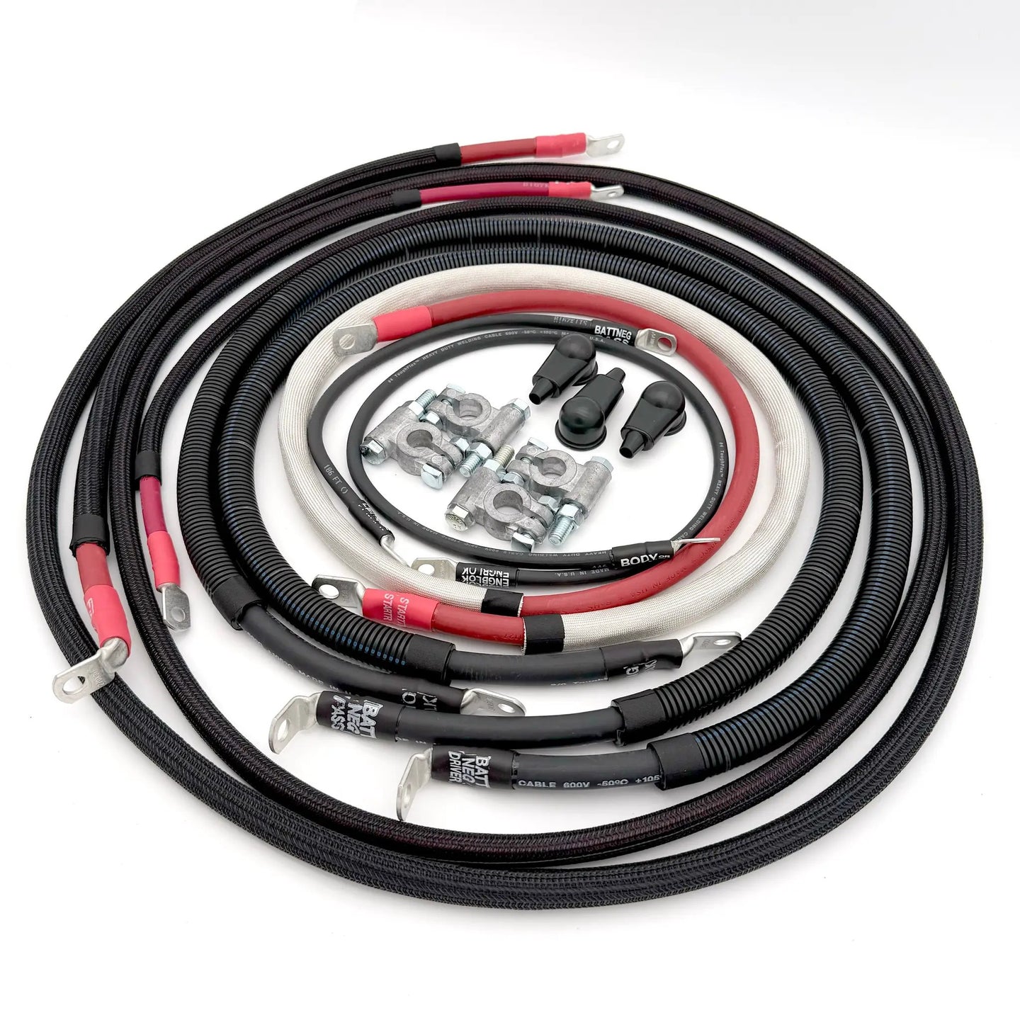 Battery cable kit for Ford Power Stroke 6.7L F-250/F-350 (2011-2016) by Big7Kits; heavy-duty red and black cables.