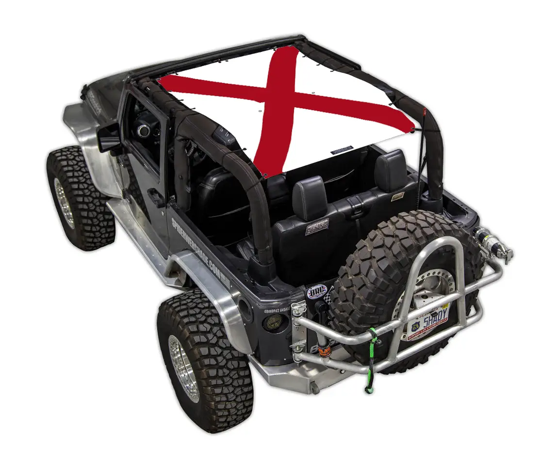 Sun Shade by SPIDERWEBSHADE for Jeep Wrangler JK 2-Door, white stock-printed flag cross design
