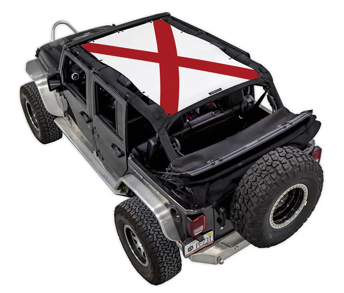 SpiderWebShade sun shade for Jeep Wrangler JKU 4-Door; stock printed top with Alabama flag design