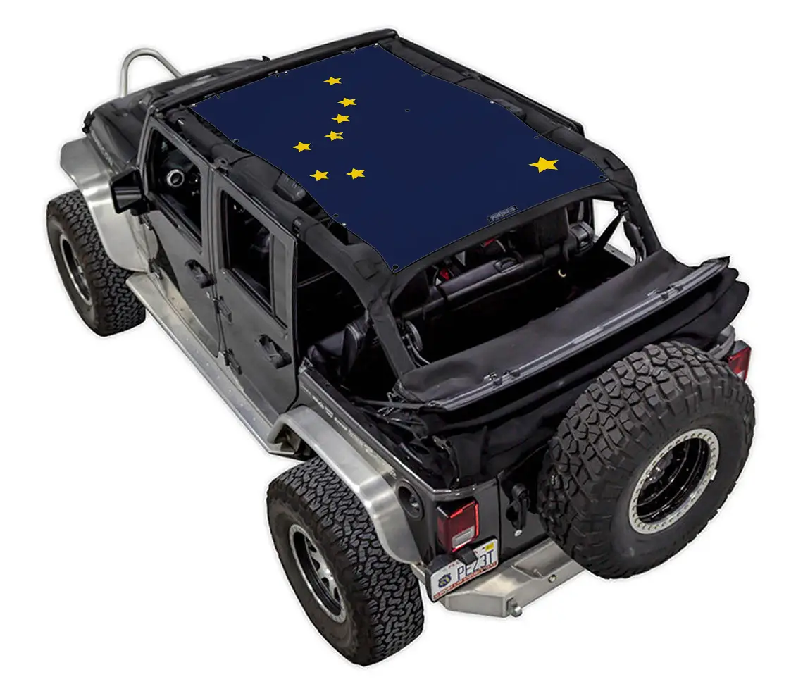 Sun Shade for Jeep Wrangler JKU 4-Door by SpiderWebShade, blue printed shade top with yellow star pattern