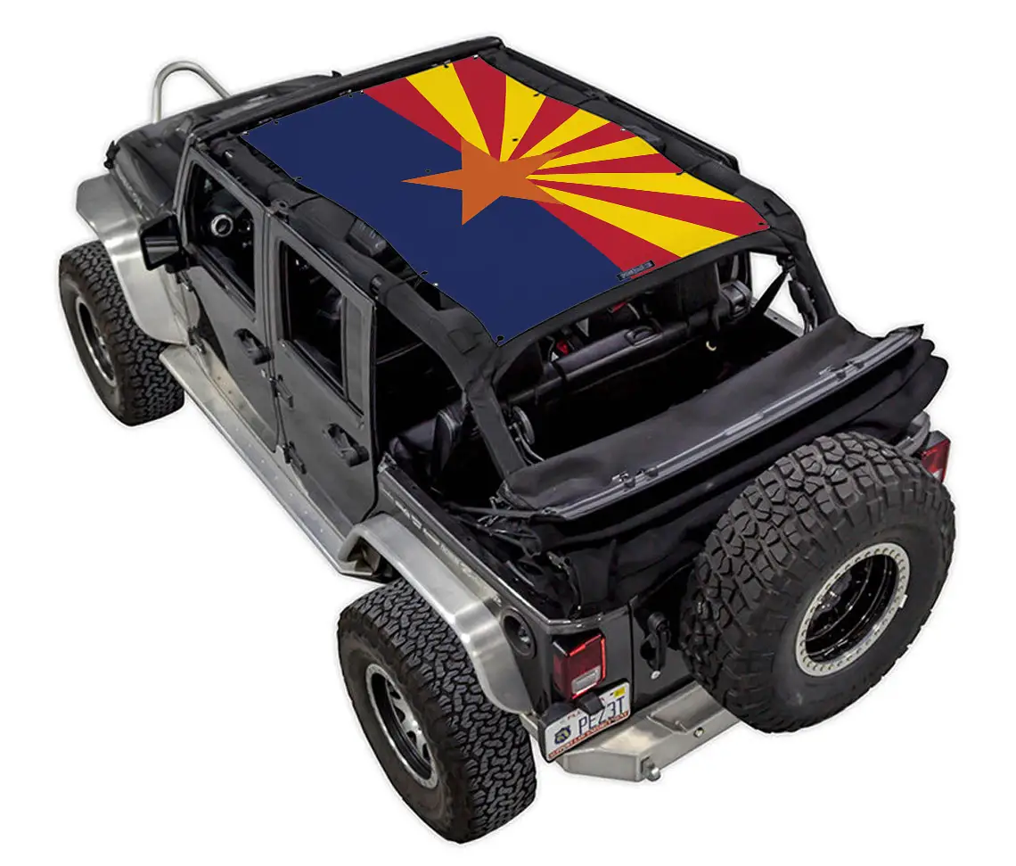 SPIDERWEBSHADE sun shade top for Jeep Wrangler JKU 4-Door; blue field with yellow/red starburst print
