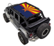 SPIDERWEBSHADE sun shade top for Jeep Wrangler JKU 4-Door; blue field with yellow/red starburst print