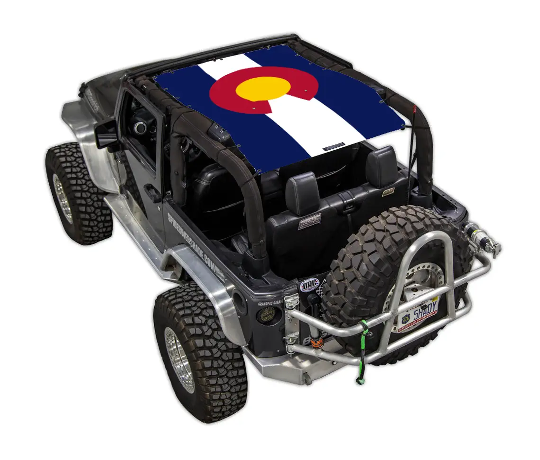 Sun shade top for Jeep Wrangler JK 2-Door (2007–2017) by SpiderWebShade with Colorado flag print
