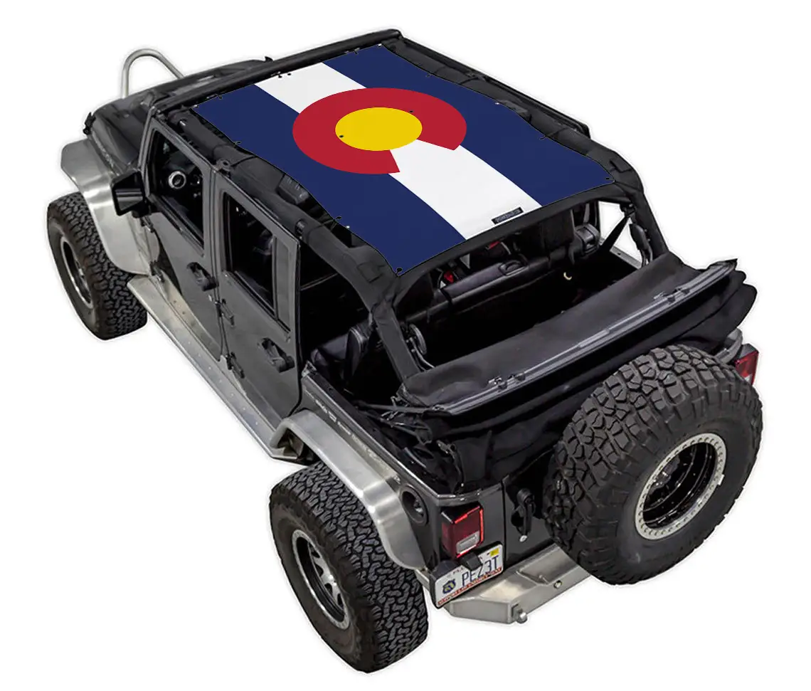 Sun shade for Jeep Wrangler JKU 4-Door by SpiderWebShade with Colorado flag print