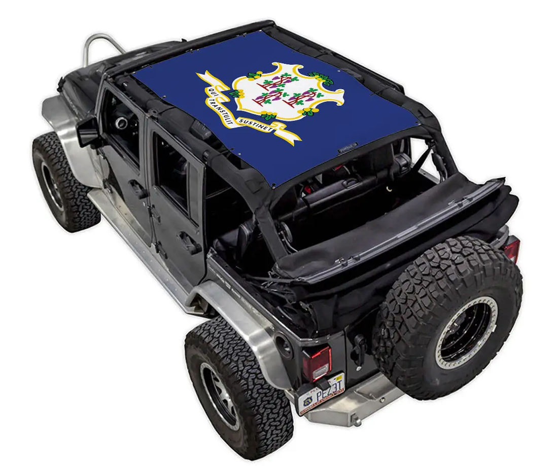 SpiderWebShade Sun Shade for Jeep Wrangler JKU 4-Door, blue printed top with seal.