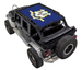 SpiderWebShade Sun Shade for Jeep Wrangler JKU 4-Door, blue printed top with seal.