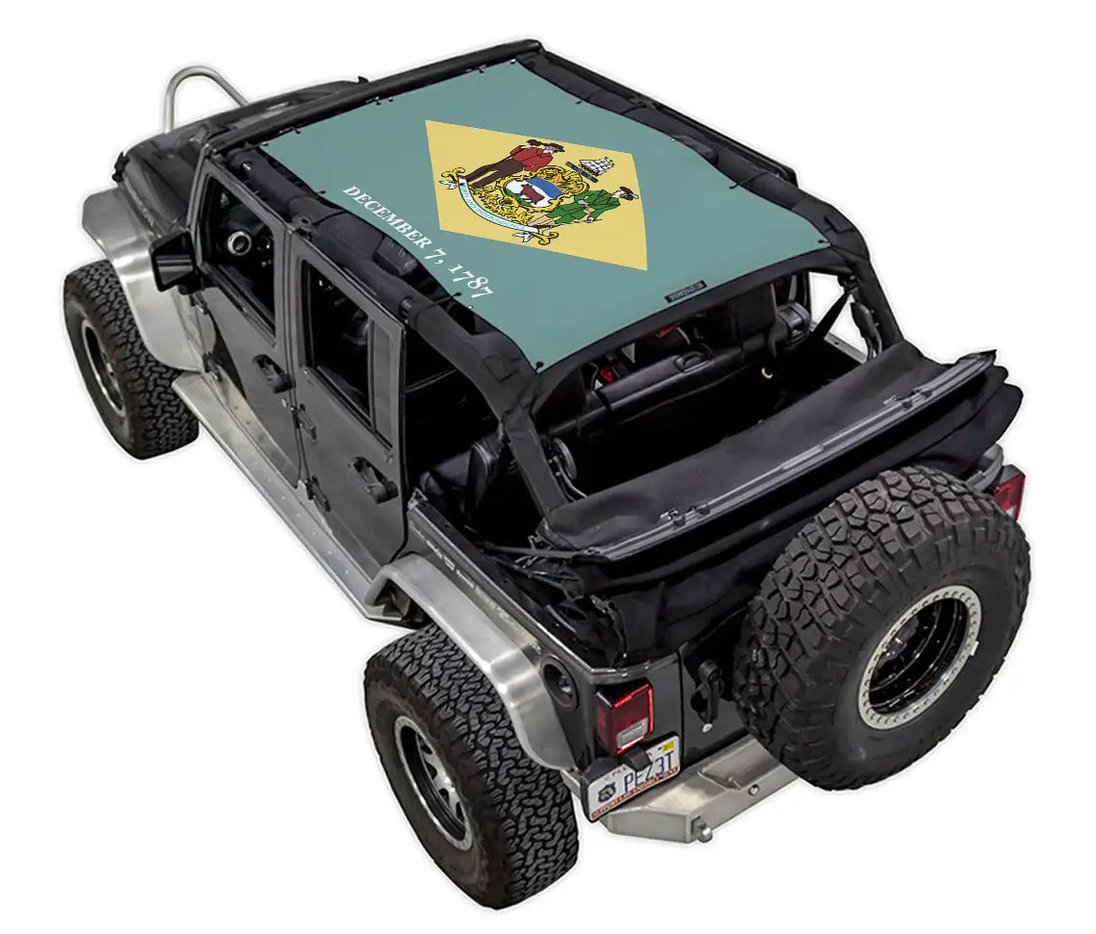 Sun shade top for Jeep Wrangler JKU 4-Door by SPIDERWEBSHADE; stock printed teal shade with emblem