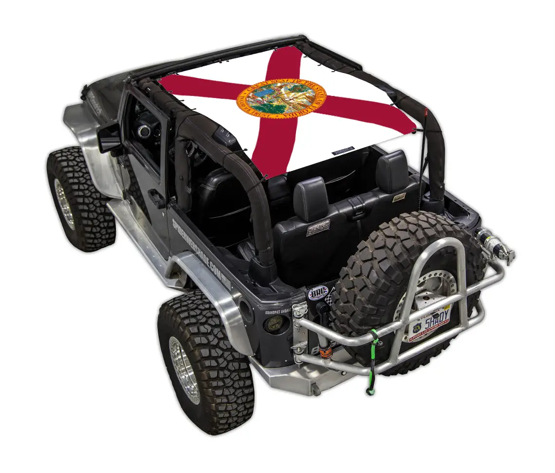Sun shade for Jeep Wrangler JK 2-Door; white stock printed Florida flag design with state seal