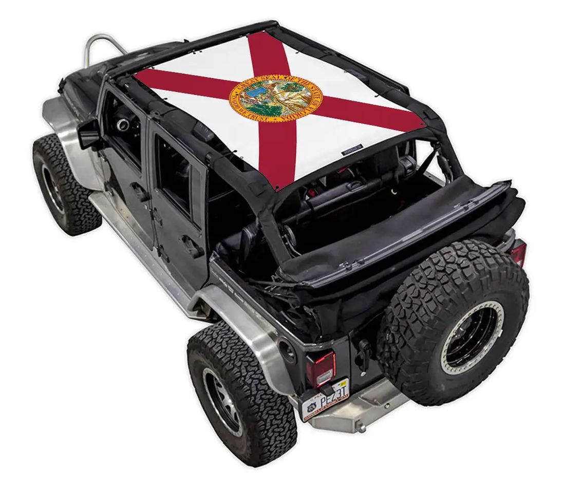 SpiderWebShade sun shade for Jeep Wrangler JKU 4-Door with flag-print top
