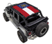 Sun shade for Jeep Wrangler JKU 4-Door by SpiderWebShade; flag-themed red, white, blue top.