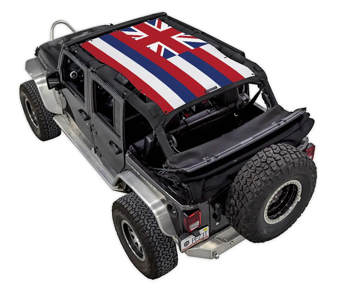 Sun Shade for Jeep Wrangler JKU 4-Door by SpiderWebShade, flag-pattern printed design.