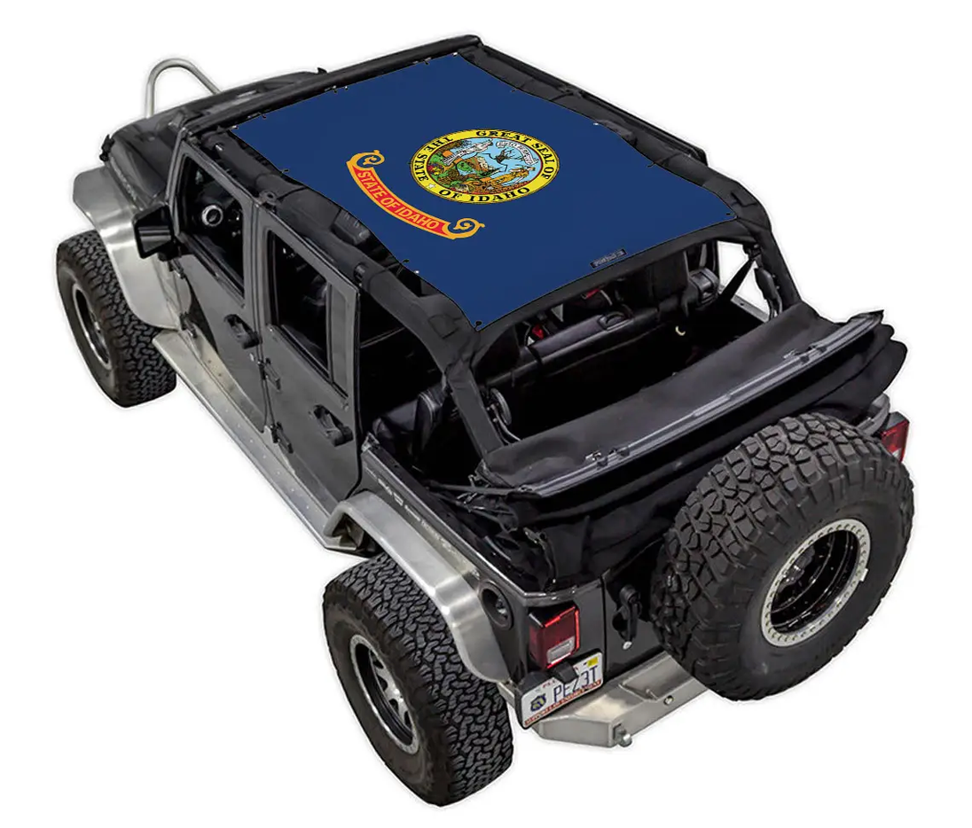 Sun Shade Spiderwebshade for Jeep Wrangler JKU (2007–2017), blue shade top featuring Idaho state flag emblem
