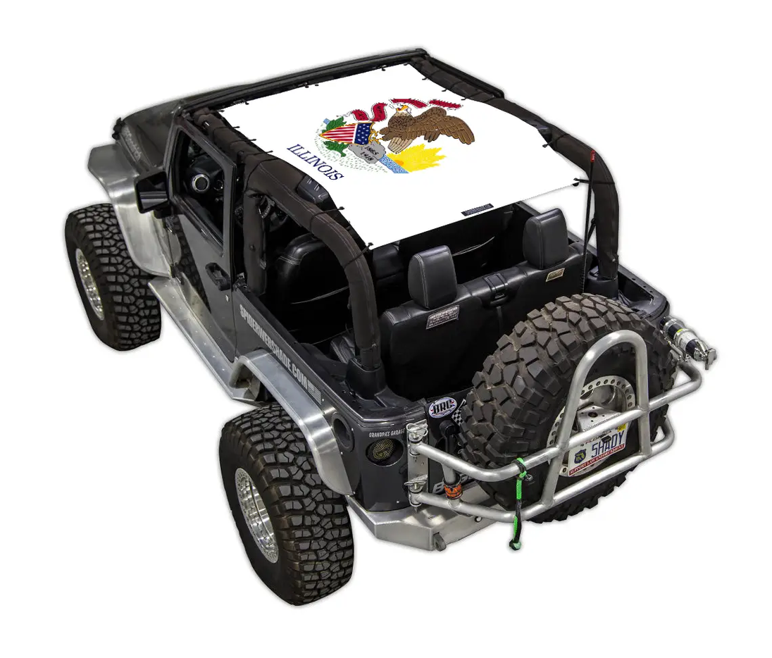 SPIDERWEBSHADE Jeep Wrangler JK 2-Door sun shade top with Illinois state flag print.