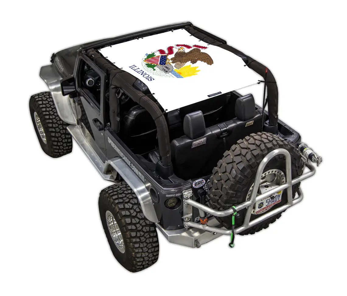 SPIDERWEBSHADE Jeep Wrangler JK 2-Door sun shade top with Illinois state flag print.