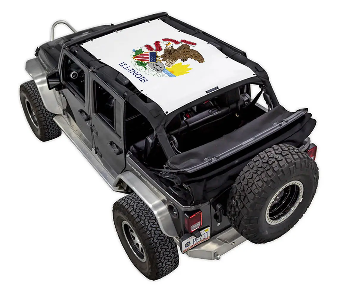 Sun shade top for Jeep Wrangler JKU 4-Door (2007–2017) by SpiderWebShade, white with Illinois seal print
