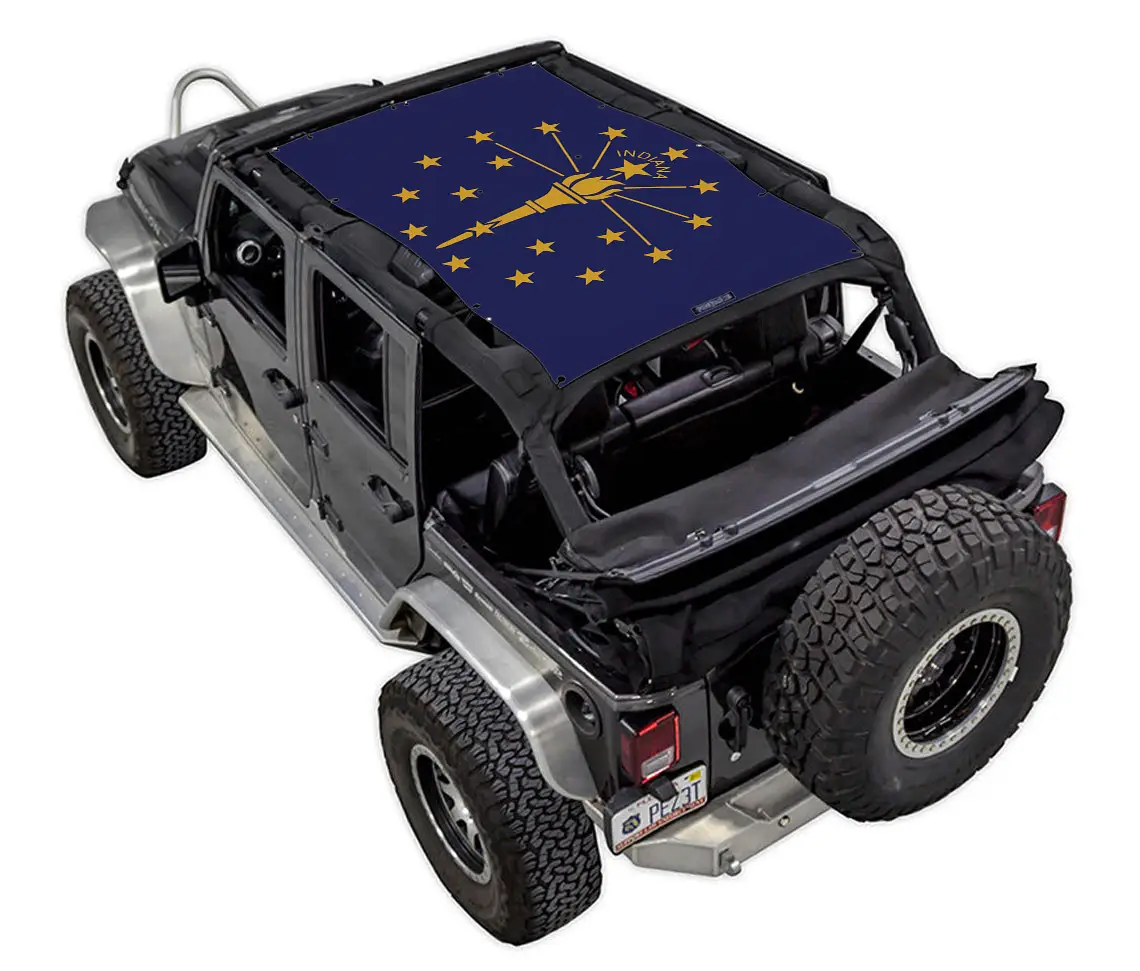 Sun Shade for Jeep Wrangler JKU 4-Door by SPIDERWEBSHADE; navy blue with Indiana state flag print