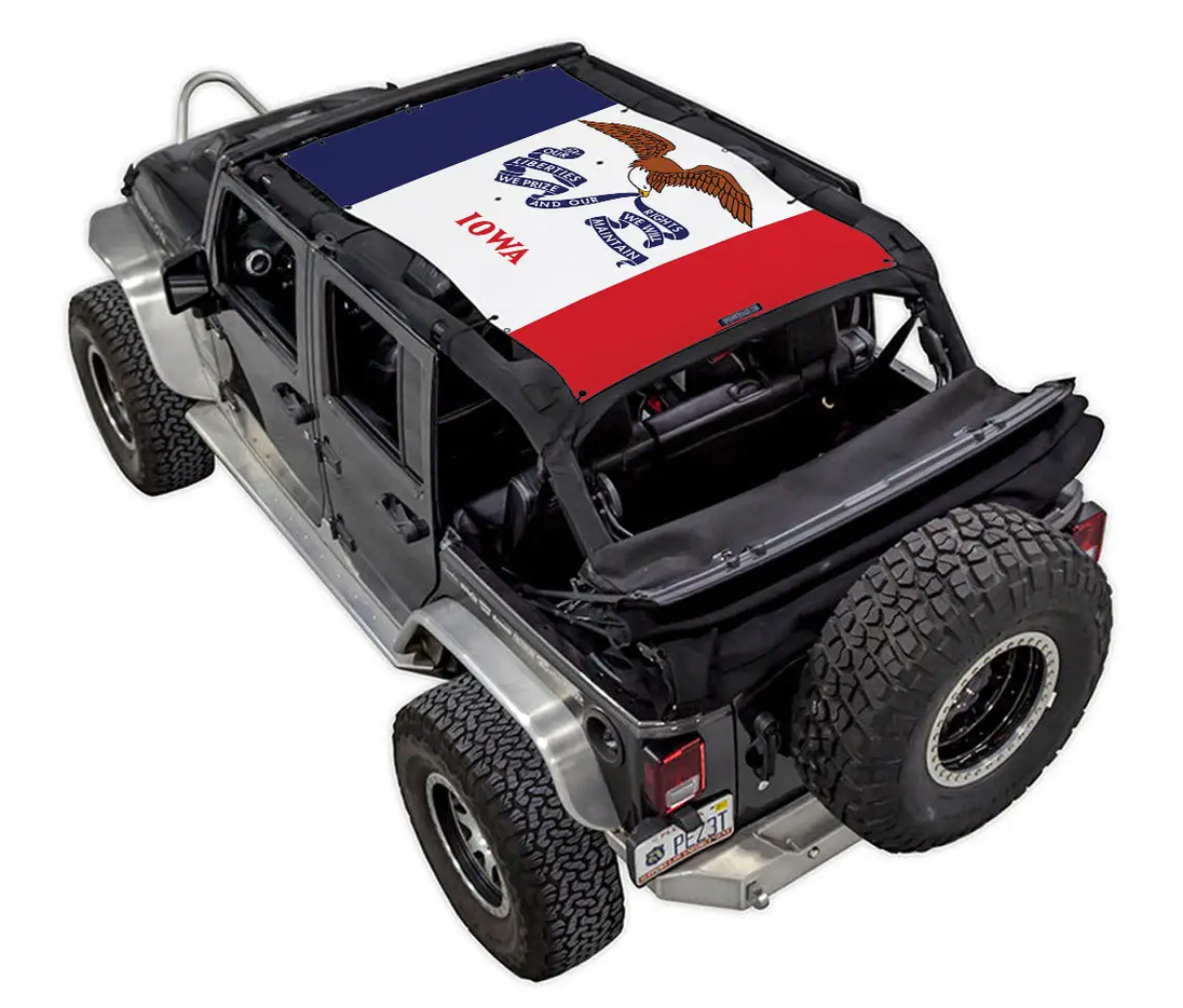 SpiderWebShade sun shade top for Jeep Wrangler JKU 4-Door with Iowa flag print