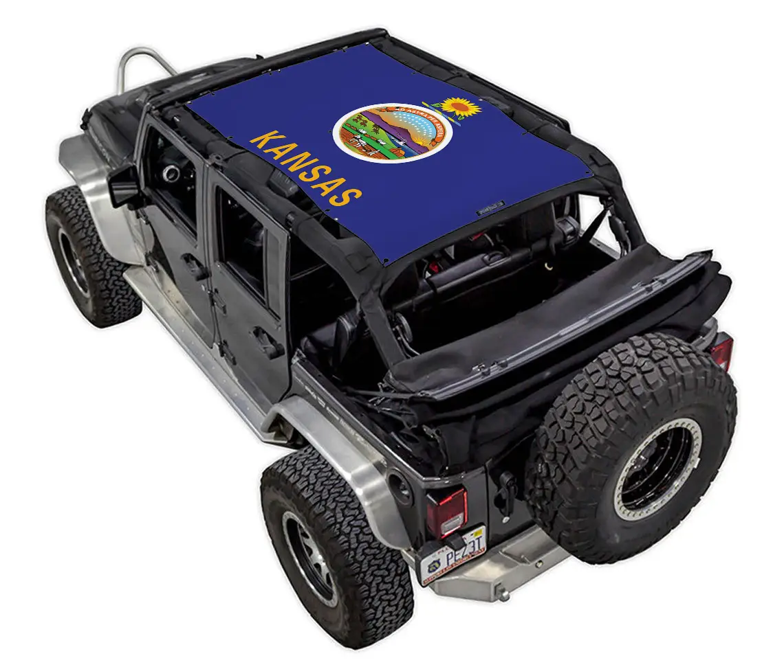 Sun shade top for Jeep Wrangler JKU 4-Door by SpiderWebShade, blue with Kansas state seal design